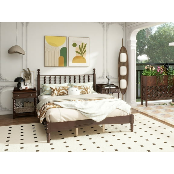 Queen Size Wood Platform Bed with Gourd Shaped Headboard,Retro Style Platform Bed with Wooden Slat Support,Walnut