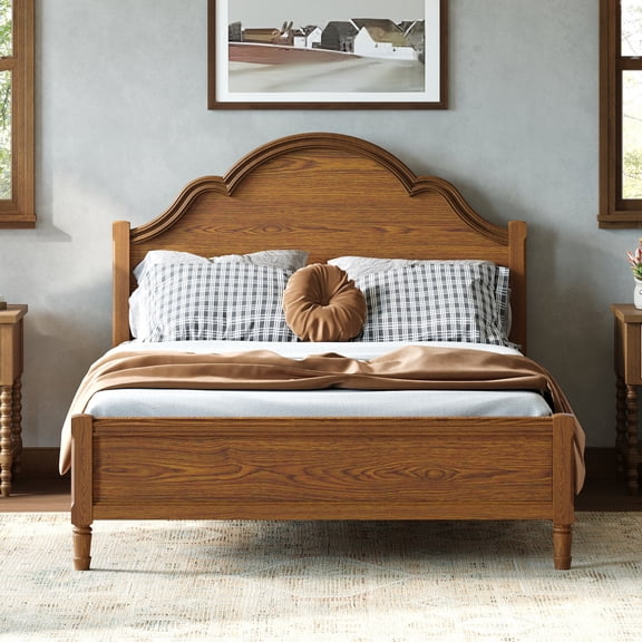 Queen Size Wood Platform Bed with Headboard & Footboard, Arch-Top Design, Solid Wood Construction, Slatted Base, No Box Spring Needed, Walnut
