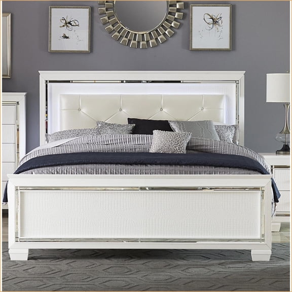 Queen Size Wood Platform Bed with LED Tufted Headboard White Faux Alligator Bedroom Furniture