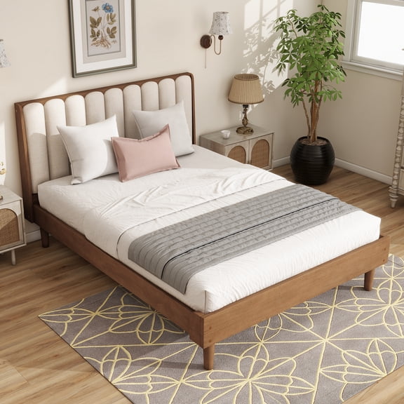 Queen Size Wood Platform Bed with Piano Key Style Upholstered Headboard and Reinforced Frame, Wheat Color