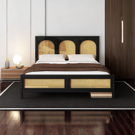Queen Size Wood Storage Platform Bed with 2 Drawers, Rattan Headboard and Footboard