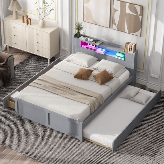 Queen Size Wood Storage Platform Bed with LED, 2 Drawers and 1 Twin Size Trundle, Pholstered Platform Bed