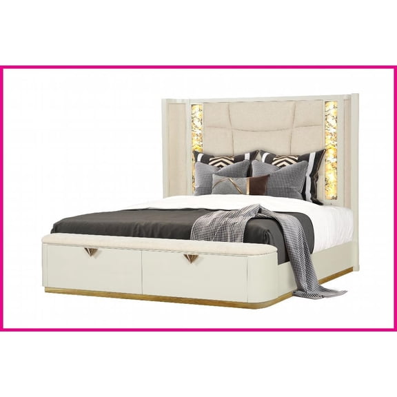 Queen Size Wood Upholstered Storage Bed with Ambient Lighting & Gold Accents Beige for Modern Bedrooms