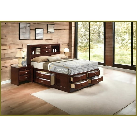 Queen Size Wood Veneer Storage Bed Frame - Espresso Finish, No Box Spring Needed for Master Bedroom