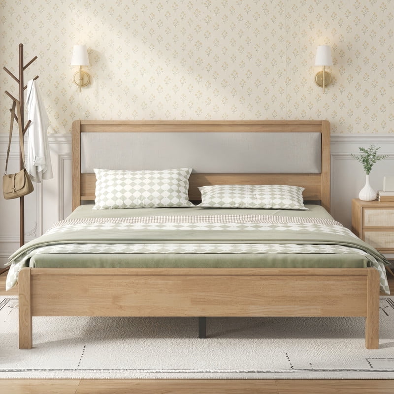 Queen Size Wooden Bed Frame with Upholstered Headboard, Low Profile Platform Bed with Central Support Legs