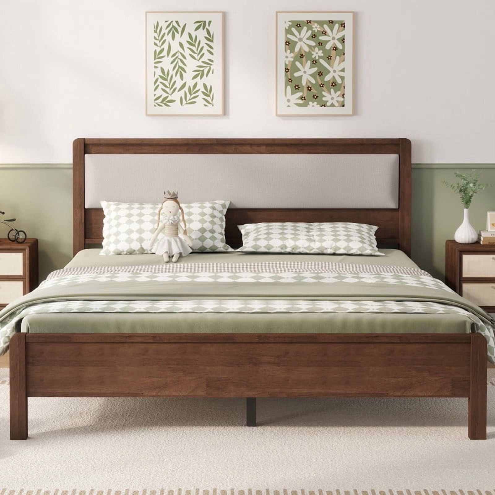 Queen Size Wooden Bed Frame with Upholstered Headboard, Low Profile Platform Bed with Central Support Legs