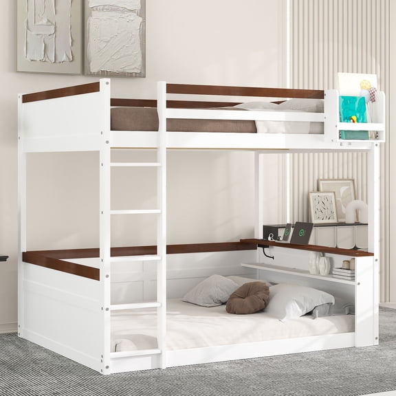 Queen Size Wooden Bunk Bed with Built-in Shelves,Storage Box,LED Light and USB Charging Station,White