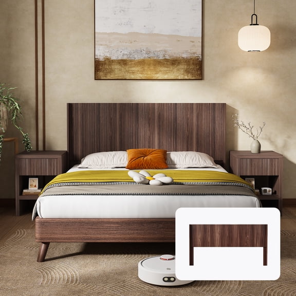 Queen Size Wooden Headboard, 64.4" Wide, Modern Farmhouse Style, Wall Mounted Fluted Panel, Wingback Design, Walnut