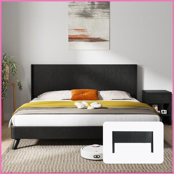 Queen Size Wooden Headboard, Modern Farmhouse Wall Mounted Fluted Panel, Black Oak Boho Wingback for Bedroom