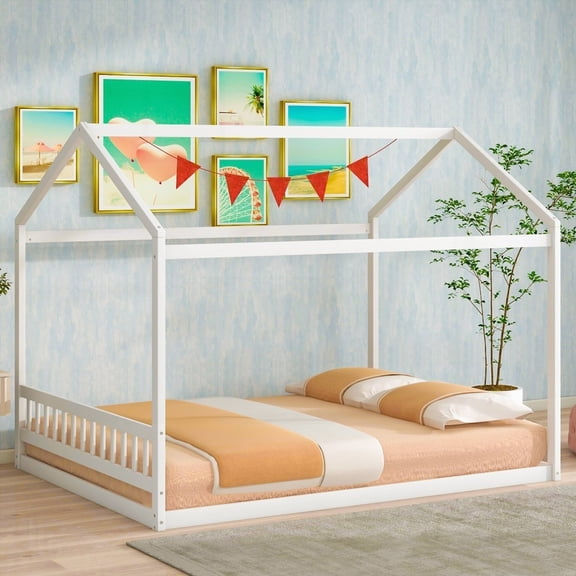 Queen Size Wooden House Bed with Headboard - Safe & Low-height for Easy Access