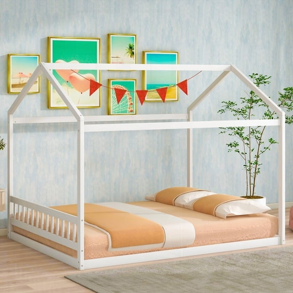 Queen Size Wooden House Bed with Headboard in White - Fun House Design for Bedroom