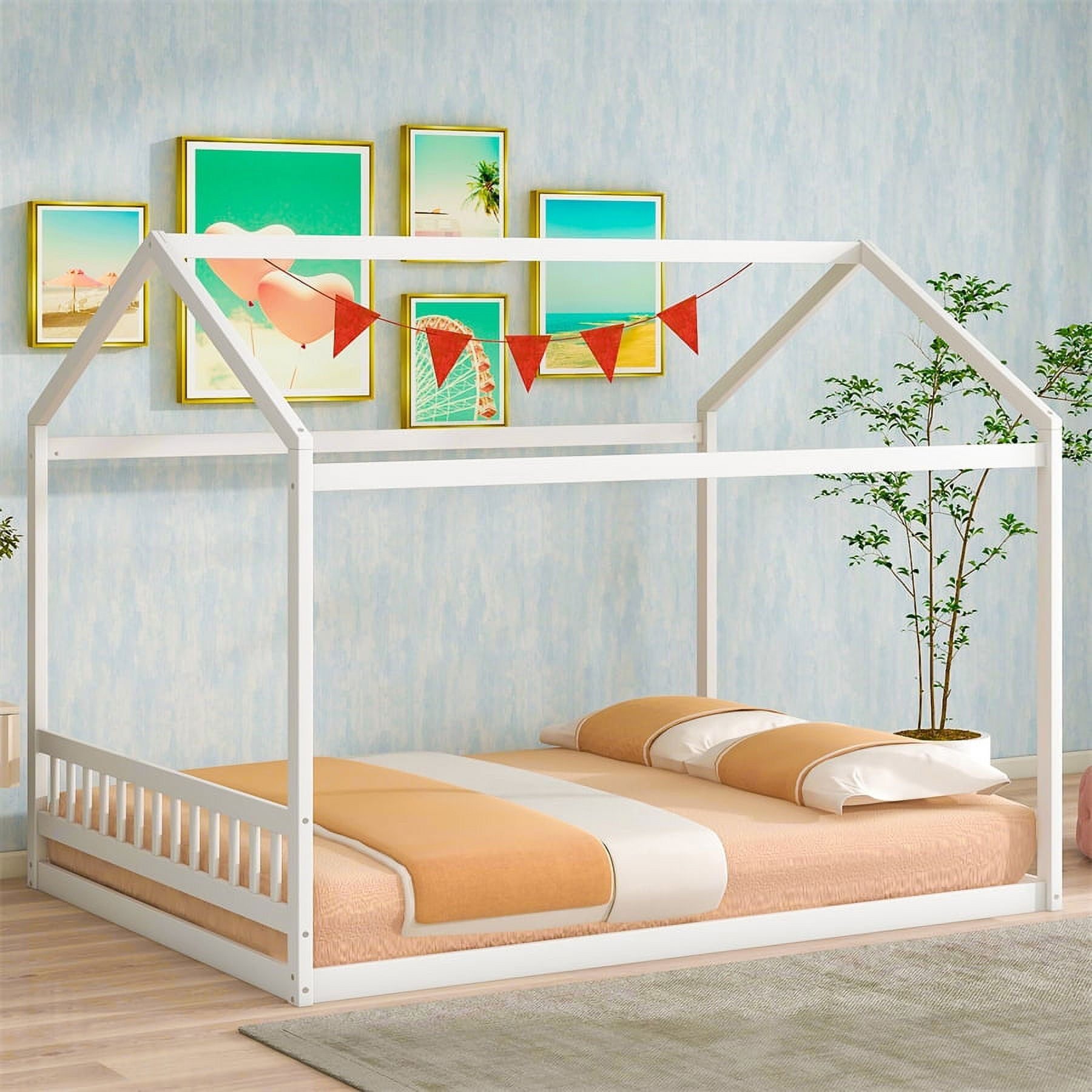 Queen Size Wooden House Shaped Bedframe with Headboard for Kids and