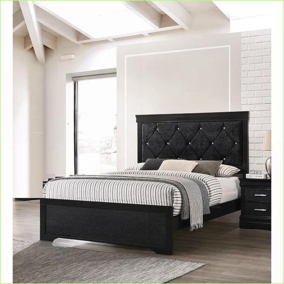 Queen Size Wooden Panel Bed - Black Finish Upholstered Crystal-Like Tufted Headboard for Bedroom