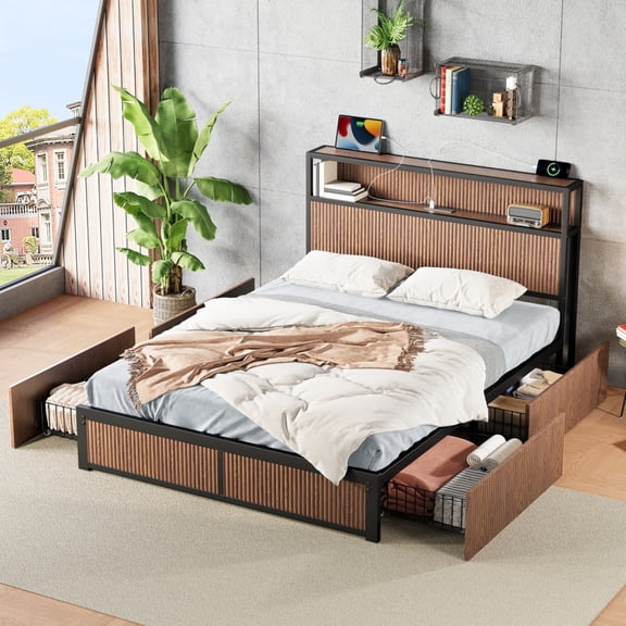 Queen Size Wooden Platform Bed Frame - Large Raised-Pattern, Multiple Drawer Storage & Bedside Socket,Brown