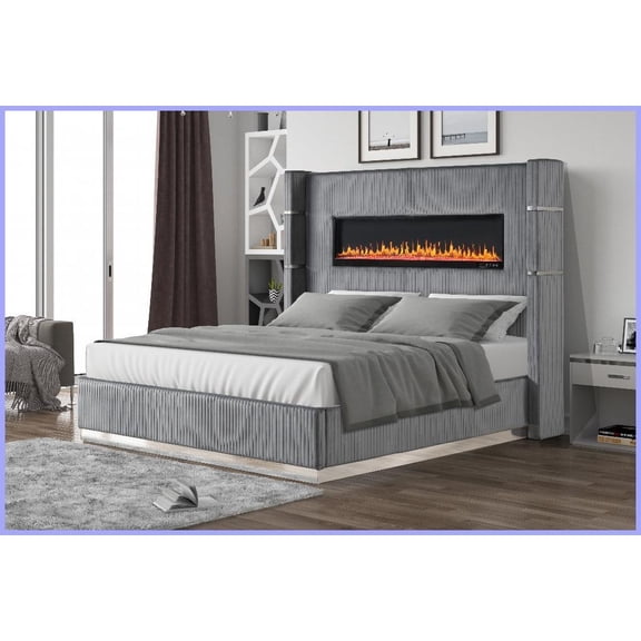 Queen Size Wooden Platform Bed Frame with Ambient Lighting Fireplace Gray Velvet – No Box Spring Needed for Master Bedroom
