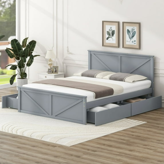 Queen Size Wooden Platform Bed, Wooden Bed Frame with 4 Storage Drawers, Headboard and Support Legs, Platform Bed for Adult Bedrooms, Gray