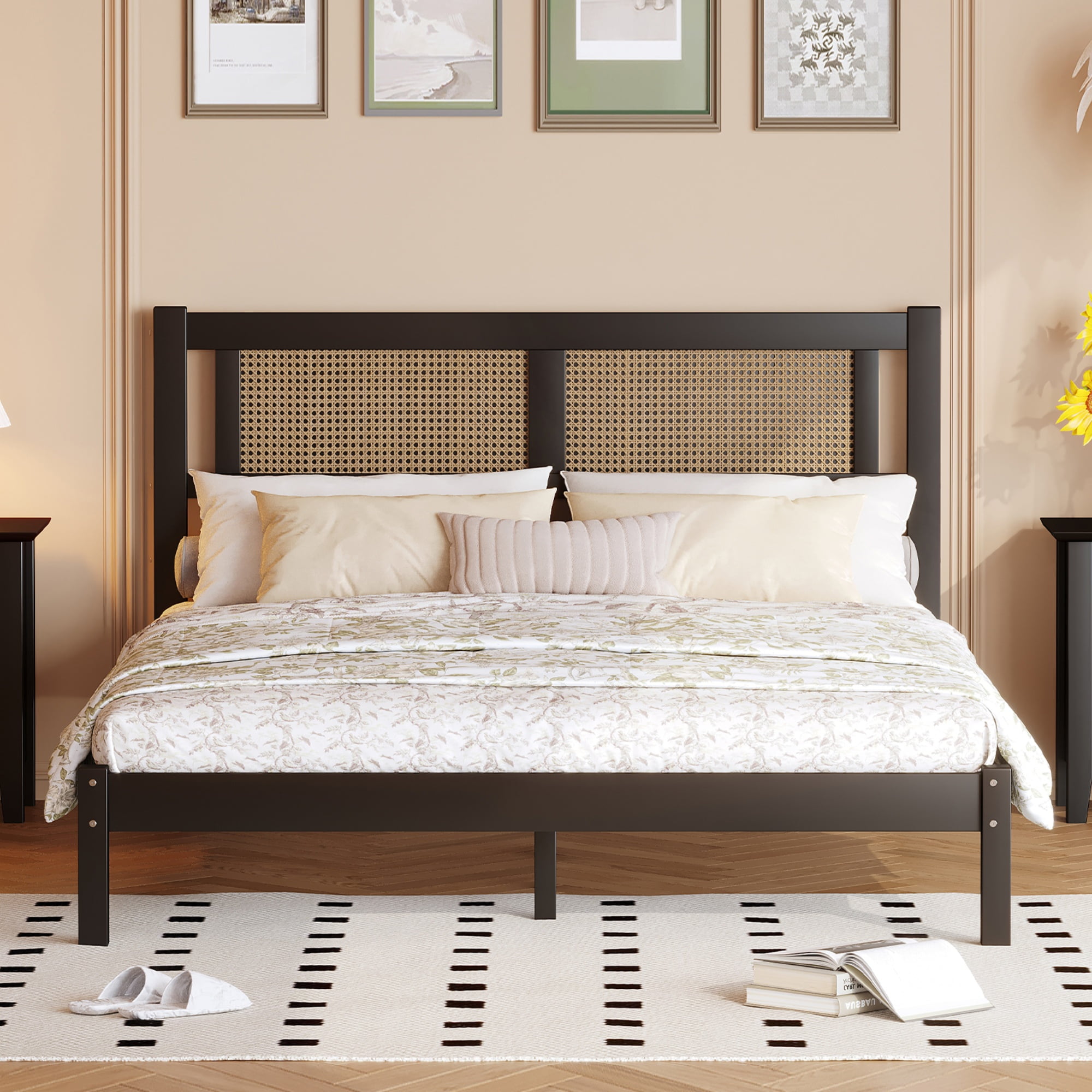Queen Black Wood Platform Bed with Rattan Headboard