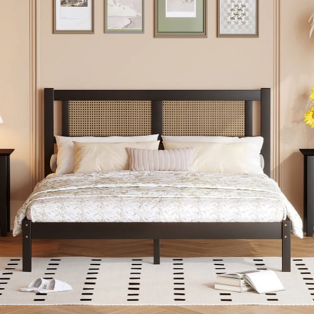 Queen Black Wood Platform Bed with Rattan Headboard