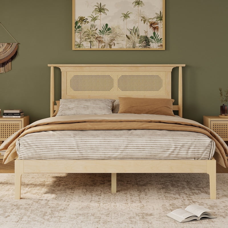 Queen Size Wooden Platform Bed with Rattan Headboard, Low-Profile Bed Frame with 8.6'' Under-Bed Storage