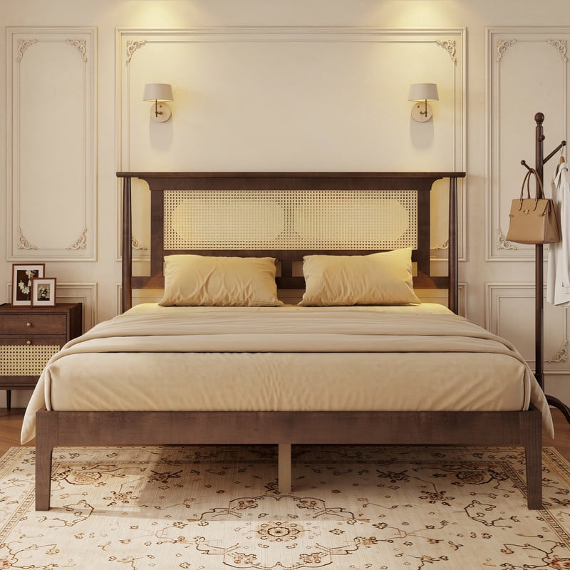 Queen Size Wooden Platform Bed with Rattan Headboard, Low-Profile Bed Frame with 8.6'' Under-Bed Storage