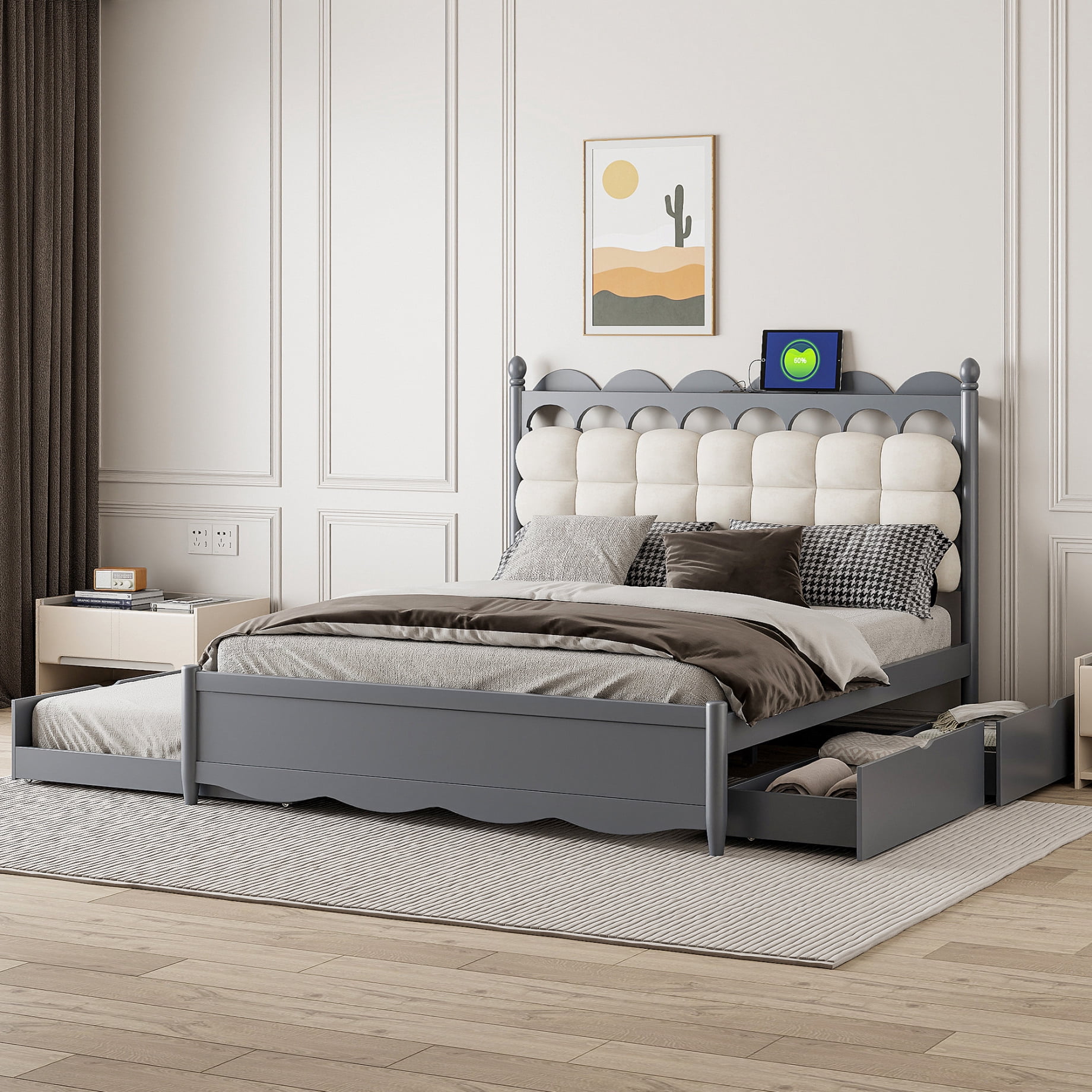Queen Size Wooden Storage Platform Bed with 2 Large Drawers &amp; Twin-XL ...