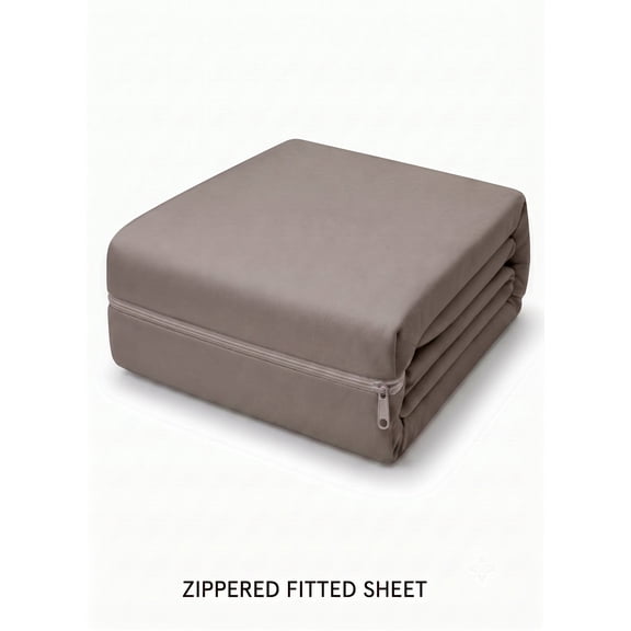 Queen Size Zipper Fitted Sheet, 400 TC Egyptian Cotton, 10 Inch Deep Pocket, Taupe