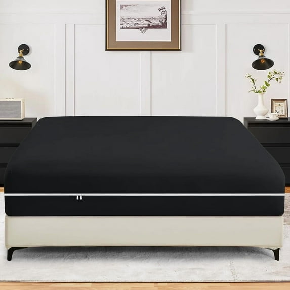 Queen Size Zippered Closure Fitted Sheet (60" x 80"), 1-Piece Bottom Sheet, 100% Microfiber, Fits Up to 15" Deep Mattress, Color Black Solid