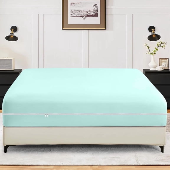 Queen Size Zippered Closure Fitted Sheet (60" x 80"), 1-Piece Bottom Sheet, 800 Thread Count 100% Egyptian Cotton, Fits Up to 15" Deep Mattress, Color Aqua Blue Solid