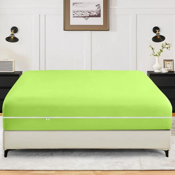 Queen Size Zippered Closure Fitted Sheet (60" x 80"), 1-Piece Bottom Sheet, 800 Thread Count 100% Egyptian Cotton, Fits Up to 24" Deep Mattress, Color Parrot Green Solid