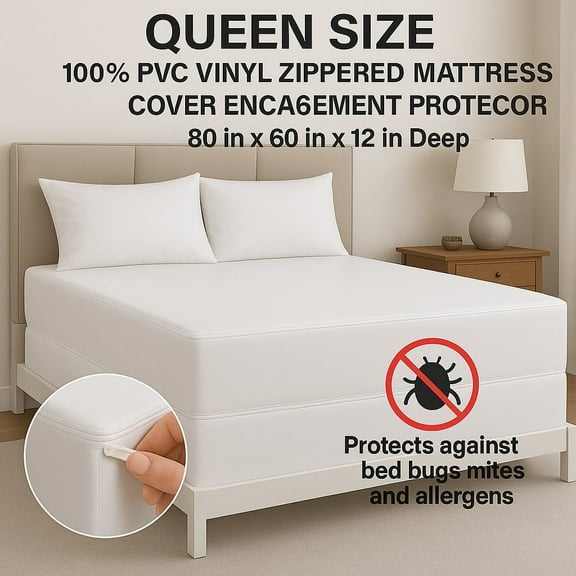 Queen Size Zippered Vinyl Mattress Cover, Heavy-Duty Waterproof Encasement, Fits Up to 12" Deep