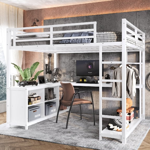 Queen SizeLoft Bed Frame with Open Wardrobe and L-shaped Desk, Metal Loft Bed with Storage Cubes and Shelves for Bedroom, Apartment, Dorm, No Boxspring Required, Mattress Not Included, White