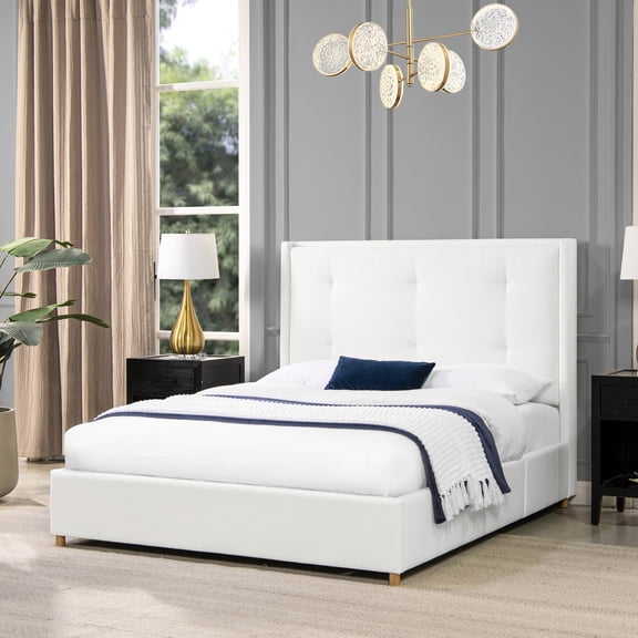 Queen Sized Bed With Cushion Headboard In Antique White - Platform Frame No Box Spring Modern Solid Wood Feet Compatible Adjustable Mattresses For Construction Low To Ground Fits