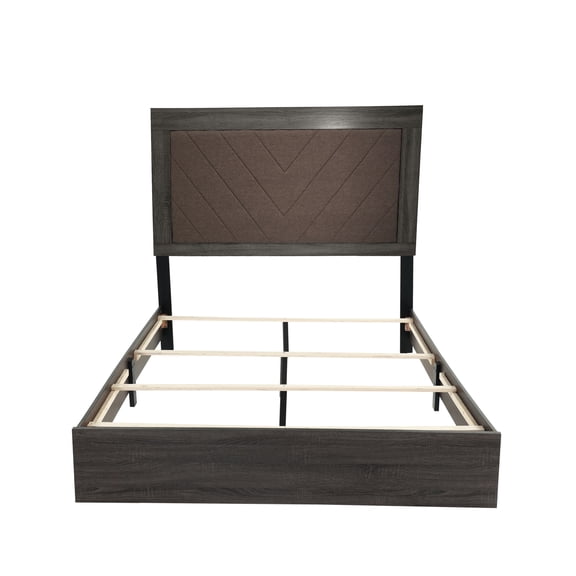 Queen Sized Bed With Dark Gray Oak Rustic Flair, Fabric Covered, Assembly Size Required