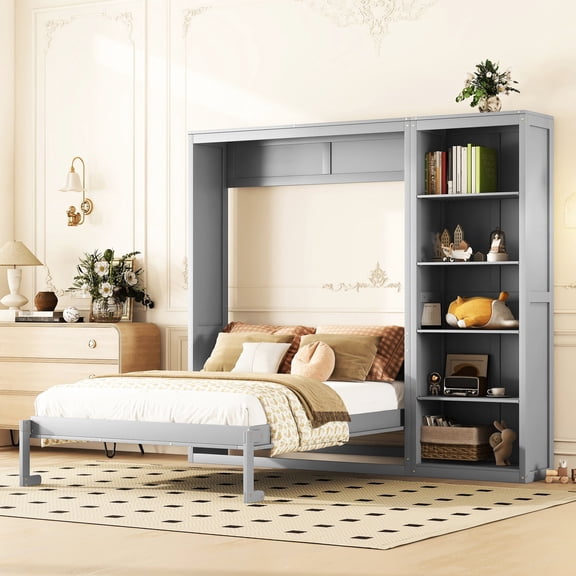 Queen - Sized Gray Murphy Bed with Shelving | Can Be Hidden in a Cabinet in Any Room | Benefit from Flexible Mattress Support and Storage