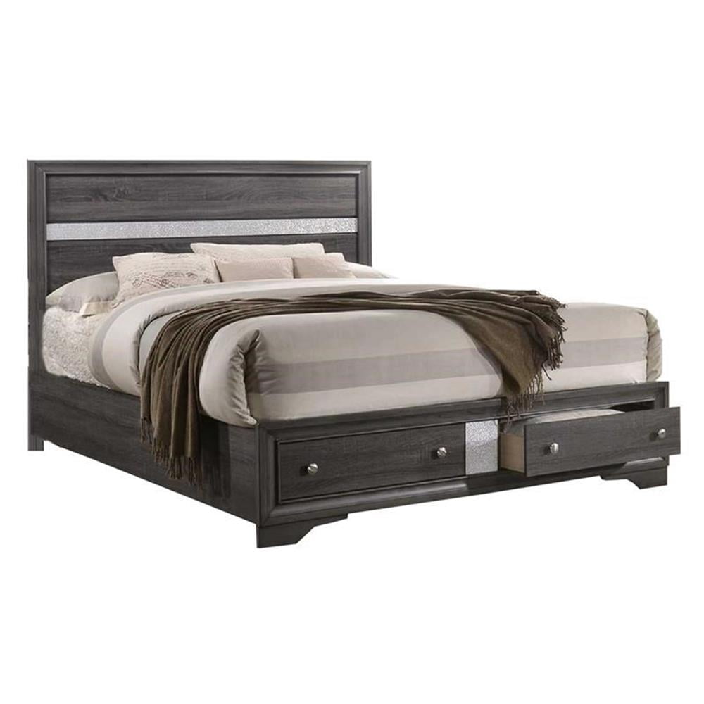 Queen Gray Wood Platform Bed with 2 Drawer Storage