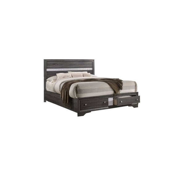 Queen Sized Gray and Silver Wood Bedframe with 2 Drawer Storage