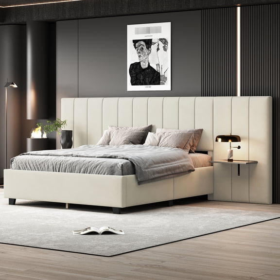 Queen Sized Upholstered Bed With Beige Velvet And Expansive Headboard Storage Options Platform In For A Luxurious Bedroom