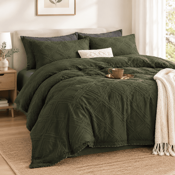 Queen Sizeforter Set Olive Green Tufted Jacquard Boho Geometry Soft Shabby Chic Down Alternativefiber Bedding - All Season Duvet M