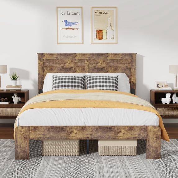 Queen Size Farmhouse Wooden Bed Frame with Headboard, Rustic Platform Bed with Silent Wood Slat System, No Box Spring Needed, Rustic Brown
