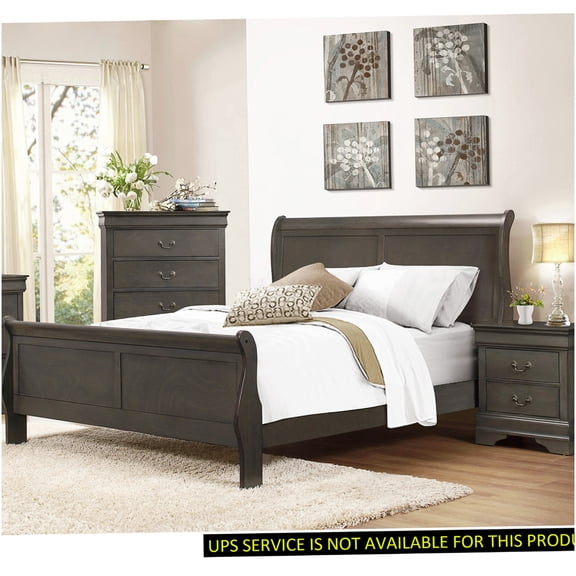 Queen Sleigh Bed Frame, Gray Wood Platform Bed with Headboard and Footboard, No Box Spring Needed, Sturdy Engineered Wood Structure