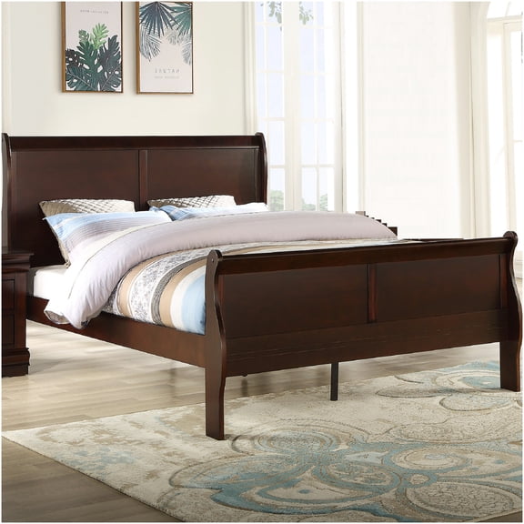 Queen Sleigh Bed Frame with Headboard and Footboard, Solid Wood Cherry Finish for Elegant Bedroom