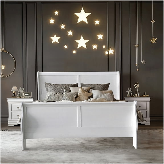 Queen Sleigh Bed Frame with Headboard and Footboard, White Platform Bed with Slats, No Box Spring Needed