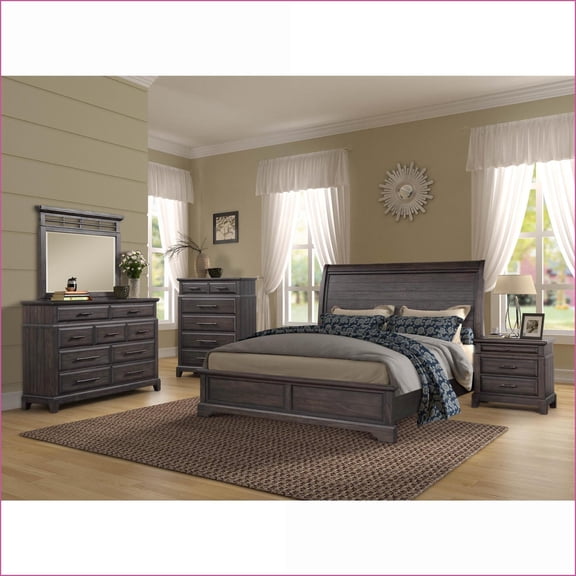 Bedroom Furniture Set Queen Sleigh Bed with Dresser Mirror Chest Nightstand | Brown | Solid Wood+MDF