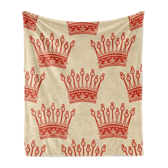 Queen Soft Flannel Fleece Blanket, Crowns Pattern Vintage Design Coronation Imperial Kingdom Nobility Theme, Cozy Plush for Indoor and Outdoor Use, 50" x 60", Grey Yellow Vermilion, by Ambesonne