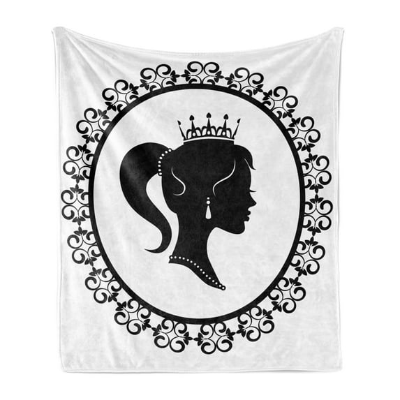 Queen Soft Flannel Fleece Blanket, Profile Silhouette of Princess in Frame with Victorian Details Young Noble Woman, Cozy Plush for Indoor and Outdoor Use, 70" x 90", Black and White, by Ambesonne