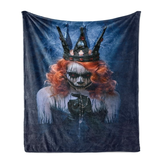 Queen Soft Flannel Fleece Blanket, Queen of Death Scary Body Art Halloween Evil Face Bizarre Make up Zombie, Cozy Plush for Indoor and Outdoor Use, 70" x 90", Navy Blue Orange Black, by Ambesonne