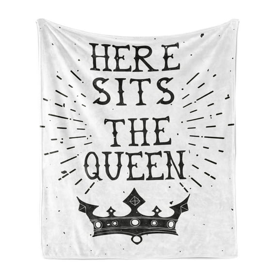 Queen Soft Flannel Fleece Blanket, Vintage Grunge Here Sits the Queen Words Antique Crown Royalty Theme Hipster, Cozy Plush for Indoor and Outdoor Use, 50" x 70", Charcoal Grey White, by Ambesonne