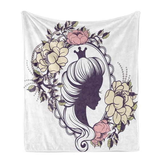 Queen Soft Flannel Fleece Blanket, Young Princess Portrait Silhouette in Floral Frame Feminine Noble Woman Style, Cozy Plush for Indoor and Outdoor Use, 70" x 90", Plum Ivory Coral, by Ambesonne