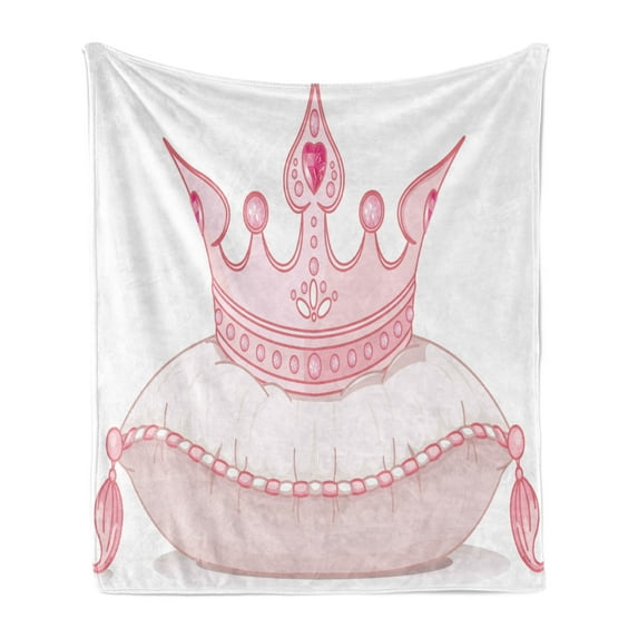 Queen Soft Flannel Fleece Throw Blanket, Cartoon Style Pink Princess Crown on Pillow Fairy Tail Fantasy Girlish Fashion, Cozy Plush for Indoor and Outdoor Use, 60" x 80", Pale Pink, by Ambesonne