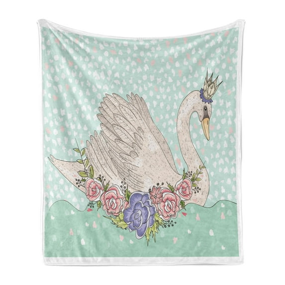 Queen Soft Flannel Fleece Throw Blanket, Cartoon Swan on Water Crown Flowers Dreamy Fairytale Kids Playroom, Cozy Plush for Indoor and Outdoor Use, 60" x 80", Mint Green Beige Coral, by Ambesonne